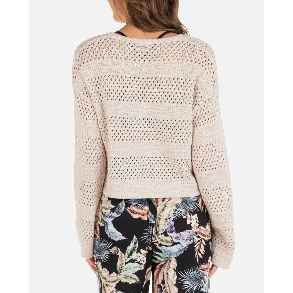Hurley Women's Easy Times Crochet Cropped Pullover Sweater Moonlight Tan Size XS